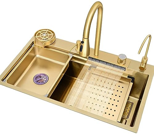 Fregadero De Cocina Dorado Fregadero De Acero Inoxidable 304 Grifo Dorado En Cascada Fregadero Grande De Una Sola Cubeta Que Incluye Lavavasos Dispensador De Jabón Y Accesorios (S : 68x45x20CM)