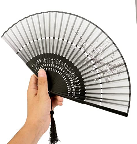 Japanese Style White Plum Folding Fan with Black Frame