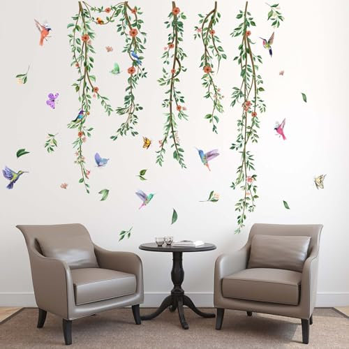 PinkEleph Hanging Vines Leaves Wall Stickers - Plants Green Leaves Birds Flower Wall Decals - Living Room Bedroom TV Sofa Background Family Wall Decor