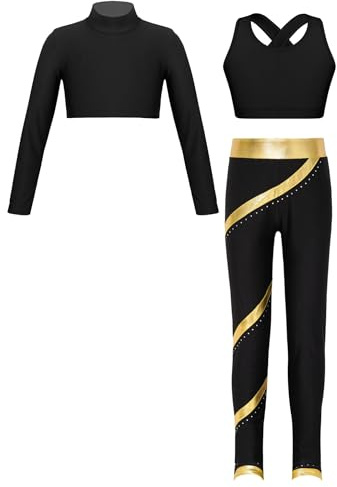 Mufeng 3 Pieces Ensemble Sport Enfant Fille Legging Fitness Yoga Running Débardeur Sport Haut de Danse Tenue Gymnastique Entraînement Or noir 13-14 ans