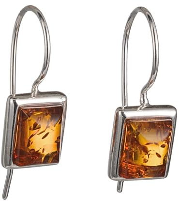 Genuine Baltic Honey Amber Rectangular Drop Earrings in 925 Sterling Silver – Kidney Hook Dangle Earrings for Women, Handcrafted in Poland