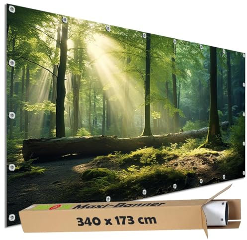 TRIOSK Sichtschutz Garten Dekoration Plane groß mit Natur Motiv Wald Lichtung Sonne Motivbanner Blickdicht für Terrasse Zaun Gartenzaun Gartenposter PVC Zaunblende 340x173 cm
