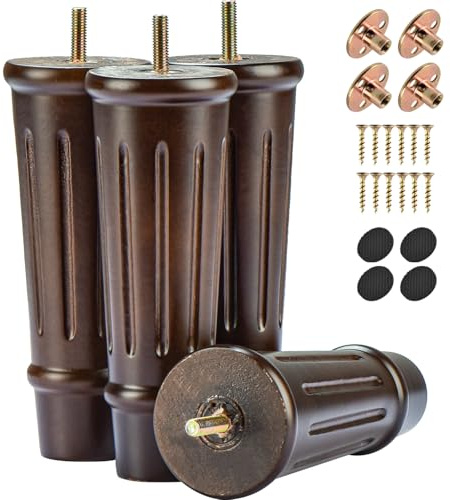 TCHOSUZ Lot de 4 pieds de meubles en bois de noyer massif classique tourné avec boulons de suspension M8 et écrous en T pour canapé, armoire, lit ottoman, 15 cm