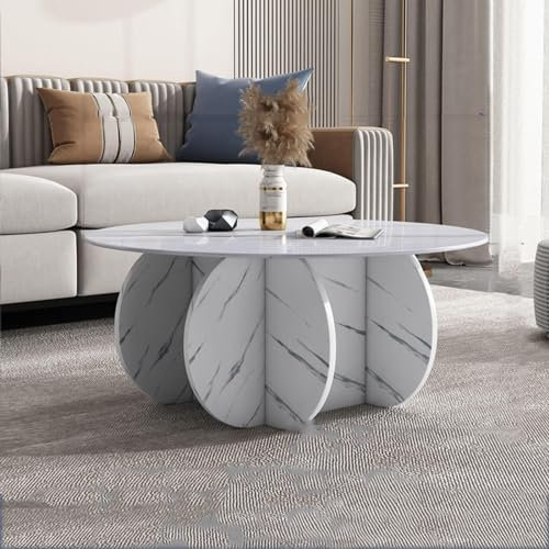 Runder Couchtisch, Couchtisch Aus Glas, Sockel Aus Massivem Holz Und Tischplatte Aus Klarem Gehärtetem Glas, Kaffee-beistelltisch, Einfacher Und Moderne(Size:80x40cm(31x16inch),Color:Weiß+Marmor)