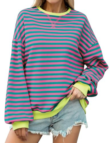Lonya Sweat Femme Striped Color Oversize Sweatshirts Y2K Rayée Pull Col Rond Sweat-Shirt Marinière Manches Longue Pullover Top Vintage Casual Hiver Chaud Streetwear, Rose+Vert, L