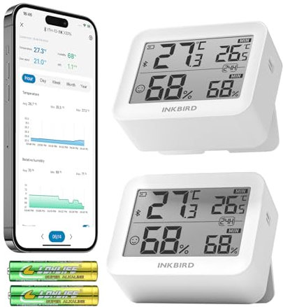 Inkbird ITH-13-B - Termómetro e higrómetro con Bluetooth, 2 unidades, termómetro digital, higrómetro, juego de combinación, termómetro de alta precisión con medidor de humedad, control por aplicación