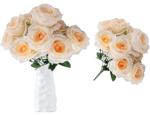 astylishome Faux Flowers 10 Pcs Artificial Roses Fake Flower Realistic Bridal Bouquets with Long Plastic Stems for Wedding Table Centerpiece Party Home Decor Champagne 1207