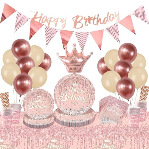 INSANYJ Rose Gold Party Decoration Set - Includes Tableware with Plates, Napkins, Cups and Straws, Balloons and Birthday Banner for Girls' Party Decorations