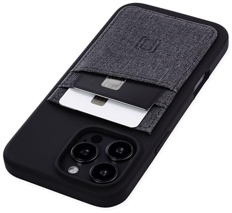 Dockem iPhone 16 Pro Max Card Case with Liquid Silicone Shell, Built-in Metal Plate for Magnetic Mounting & Stitched-on Wallet with 2 Canvas Style Synthetic Leather Credit Card Slots (M2L, Black)