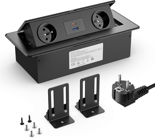 Ohuo Bloc Prise Encastrable avec PD 20W USB-C, Multiprise Encastrable avec Port USB et USB C, Câble 1,8 m, Noir