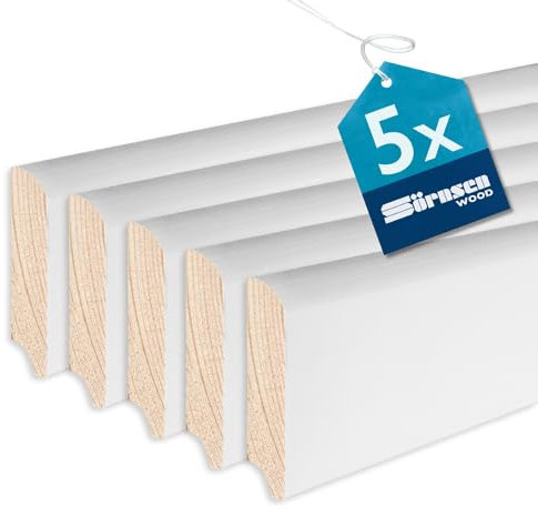 Sörnsen Wood Sockelleiste Kiefer – 5x Hochwertige Fussleisten mit rundem Profil – in weiß RAL 9016 lackiert und damit extra langlebig – 12x58x2400 mm