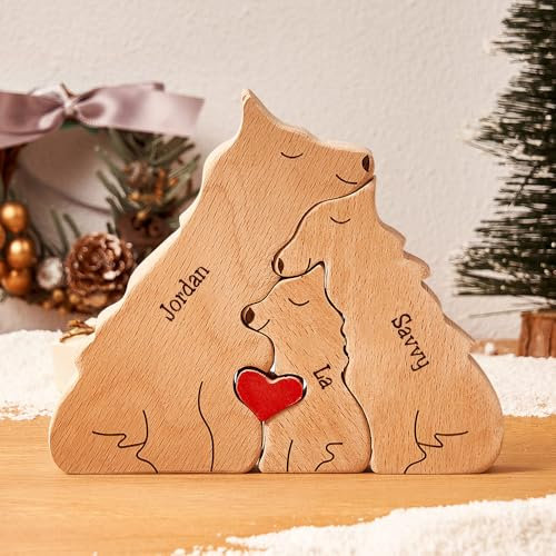 Personalisiertes Holzkunstpuzzle der Wolfsfamilie mit 1-8 Namen, Holz Wolf Skulpturen Desktop Ornament Weihnachts Home Tischdekoration, Geschenk für Familie, Oma, Opa Mama, Papa