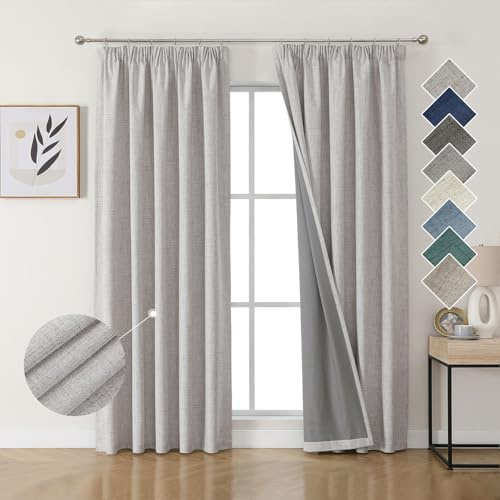Joydeco 100% Verdunkelungsvorhänge Leinen Gardinen mit Kräuselband 2er Set H220xB140cm Grauweiß, Thermovorhang Kälteschutz Blickdicht Schallschutz Ideal für Wohnzimmer passt zu Schienensystemen