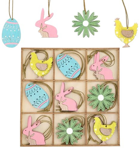 Valery Madelyn 18pcs Easter Decorations,Wooden Hanging Tree Decorations,Colorful Egg, Hen, Rabbit, Flower Shape Pendants,Home Decor Gift and Wedding,with Wood Box,2 Inch