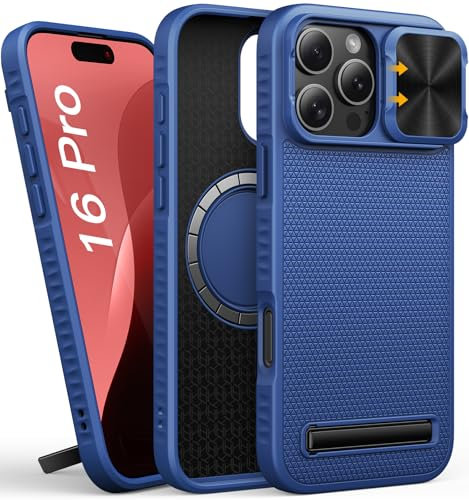 SIXBOX for iPhone 16 Pro Case, Compatible with MagSafe, Kickstand, Slide Camera Cover, Military-Grade Protection, Slim Thin Rugged Magnetic Silicone Men Women Phone Case for iPhone 16 Pro 2024, Blue