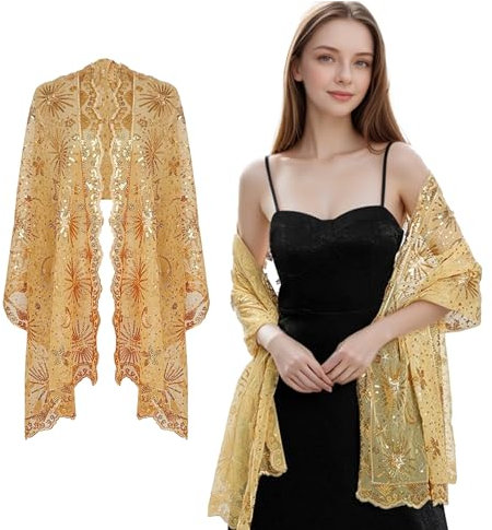 Werownsgso Damen Pailletten Umhang Schal, Stola für Abendkleid, Damen Glitzer Festlich Stole, Stola Damen Festlich für Hochzeit Abendkleider Abend Party (Gold)