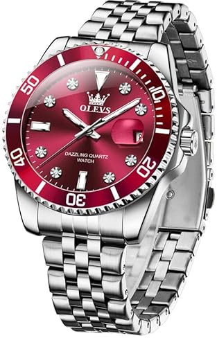 OLEVS Uhren Herren Klassisches Silber Edelstahl Analoger Quarz Armbanduhr Herren Stylish Rot Großgesicht Luxus Diamant Business Kleid Uhren Wasserdicht Leuchtend mit Datum Herrenuhr