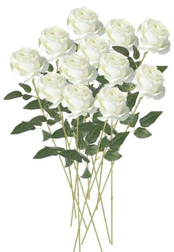 VIDSTW 12 Rose Artificielle 52 Cm Bouquet Fleur Artificielle Fleurs Artificielles avec Feuilles Vertes Fleurs Artificielles Deco Réaliste pour Décoration de Maison Mariage Fête Jardin (Blanc)