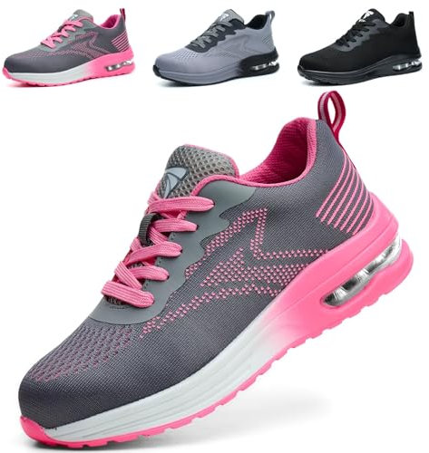 WUAYAMI Scarpe Antinfortunistiche Uomo Donna Leggere Scarpe da Lavoro con Punta in Acciaio Leggere Traspiranti Scarpe Sicurezza Comode, Rosa, 38 EU