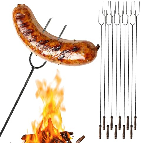 BEGRIS® Grill spieße stahl 125cm Feuerstab 10 Stück, Grillspiesse lang für Lagerfeuer, Barbecue, Spieße für grill zum Einfädeln und Braten von Würsten auf dem Feuer Stahlstab, Holzgriff