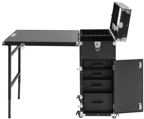 4-in-1 Alu Make-Up Koffer Kosmetikkoffer mit Rollen, Spiegeln und Bluetooth-Lautsprechern, 360° drehbare Schminkkoffer Abschließbar Friseurkoffer/Beauty Case/Nagelkoffer mit Fächer & Schublade