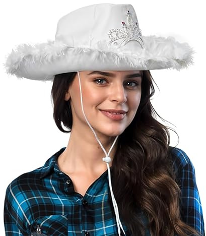 White Cowboy Hat with Fluff Trim for Men and Women – Unisex Adult Texan Cowgirl Hat Fancy Dress Party Accessory