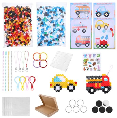 10mm XL Bügelperlen Groß, 1000 Stück Bügelperlen Set Fahrzeuge mit Stiftplatte Bügelpapier Dekorative Accessoires, Steckperlen Kreativ Set für Kinder und Groß, Geschenk für Geburtstag
