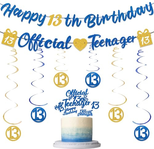 Deko 13. Geburtstag Junge Mädchen Banner - 13 Geburtstagsdeko Offiziell Teenager Banners Garland, Geburtstag Spiralen Hängedeko und Tortendeko für 13 Jahre Party Dekoration (Blau Gold)