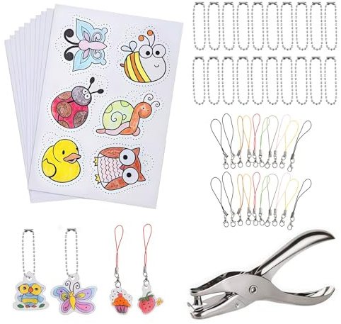 Schrumpffolie Set mit 10 Blätter Schrumpfpapier, 20 Perlenkette, 20 Schlüsselbänder und 1 Locher, Schrumpffolien Set Schlüsselanhänger, Shrinky Dink Paper, Schrumpffolie zum Bemalen für DIY Handwerk