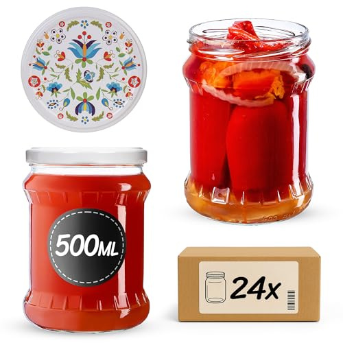 KADAX 24er Set Einmachgläser 500ml TO82 Blumen, Sturzgläser Mason Jar mit Schraubdeckel, Luftdichte Twist-off Gläser, Meal Prep, Overnight Oats, Sauerteig