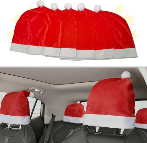 ZOIBV 5 Stück Weihnachtsmütze Auto Kopfstützenbezüge | Passend für die meisten Fahrzeuge | Universelle Weihnachts-Autodekoration Auto Kopfstützen Bezug