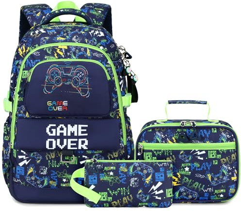 Makukke Schulrucksack Set für Teenager Jungen, Gamer Schultaschen mit Brotdose und Federmäppchen, Geschenke Coole Schulranzen für Grund und Mittelschüle