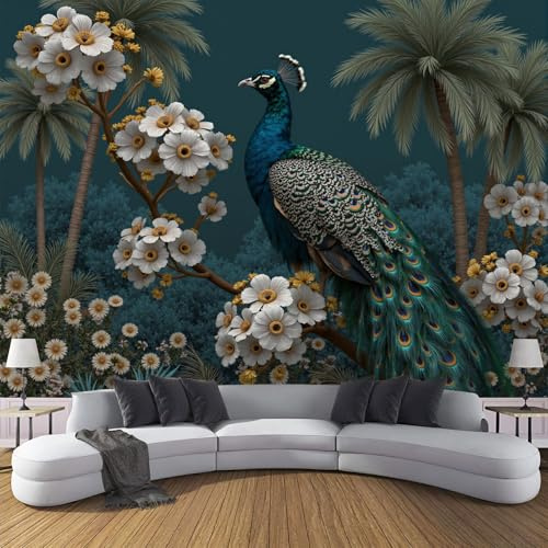 Vlies Fototapete Eleganter Pfau 3D Effekt 200×140cm(W×H) Foto Tapete Schlafzimmer Wohnzimmer Moderne Vliestapete XL Wandtapete Motivtapeten 3d Vintage Blumen Pflanzen Dekoration Grün