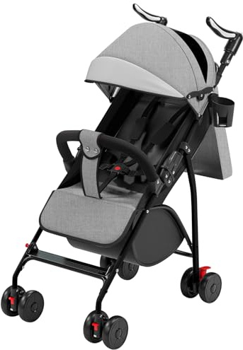 Belfoyer Kinderwagen mit Verstellbarem Schiebegriff, 4-Rad Liegebuggy ab 0–4 Jahre, Höhenverstellbar, Leicht & Kompakt Klappbar, mit Moskitonetz (Grau)