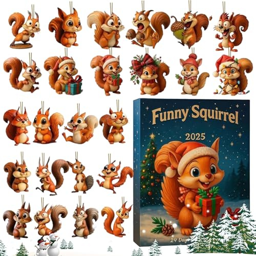 Funny Squirrel 2025 Adventskalender, 24Tage Weihnachts-Countdown-Kalender Mit Acryl 2D Flach Eichhörnchen Anhänger, Christbaumschmuck Weihnachtskalender Für Freunde, Tierliebhaber 26x18x3cm