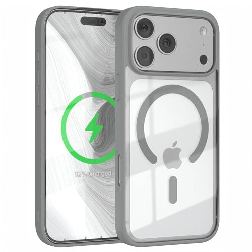 EAZY CASE Hülle für iPhone 17 Pro Max kompatibel mit Qi Charging Ultra Aufprallschutz Stoßfest und Kratzfest dünne Schutzhülle mit Kameraschutz Silikon Cover Clear Hybrid Handy Case Grau - Qi Charging
