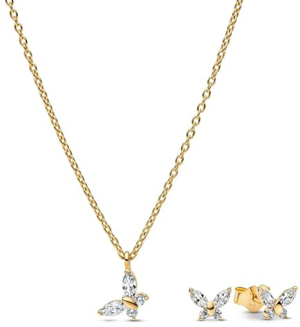 PANDORA Damen-Schmuckset Kette und Ohrringe Schmetterling Goldfarben 21128 | edles Geschenk-Set Halskette und Ohrstecker mit funkelnden Zirkonia für Frauen