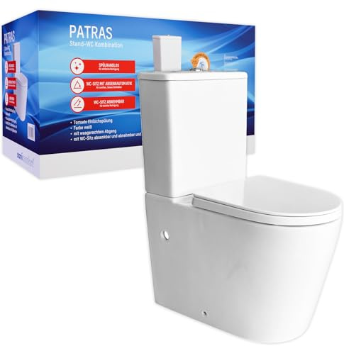 sanicomfort Stand-WC Kombination mit 360° Twister Flush Patras spülrandlos, inkl. WC-Sitz und Spülkasten mit waagerechtem Abgang