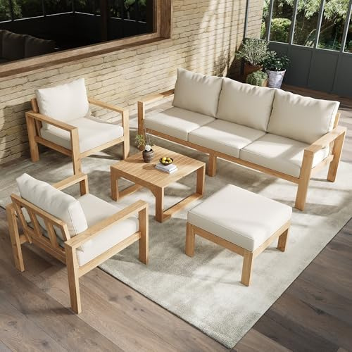 BTM Gartenmöbel-Set, Geeignet für 4-6 Personen,Akazienrahmen, Dreisitzertisch, Zwei Einzelstühle, Fußhocker + Couchtisch, geeignet für den Garten, Natur + Creme