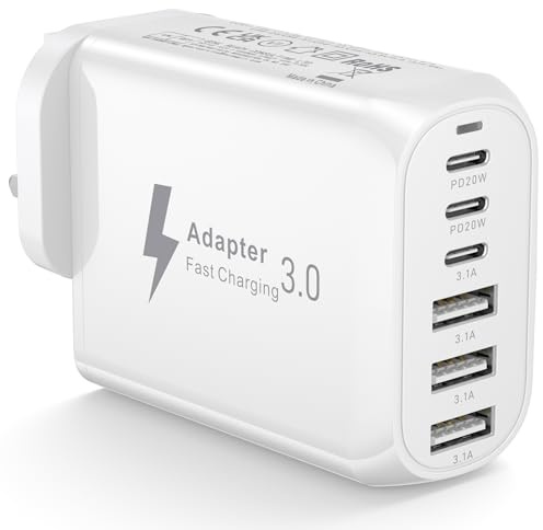 USB C Plug Fast Charge, 6 Ports 60W Multi USB Charger Plug UK With 3 Type C +3 USB A Ports, USB Charger Adaptor UK Wall Power Adapter Mains for iPhone 17 16 15 14 13 12 11 Pro Max X XR, Galaxy S26 S25