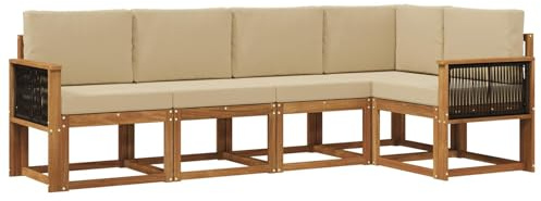 vidaXL Outdoor-Sofagarnitur mit Kissen 5 pcs Natur und Beige Polyester, Garten, modernes Outdoor-Sofa, wetterfestes Lounge-Möbel, perfekte Terrasse für gemütliches Sitzen