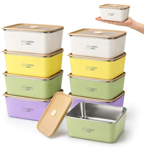 8 Pack Small Stainless Steel Food Storage Containers with Lids, 590 ml | 13 x 11 x 6 cm Metal Snack Boxes with Removable Inner Bowls for Meal Prep, Work, School and Travel, Freezer Dishwasher Safe