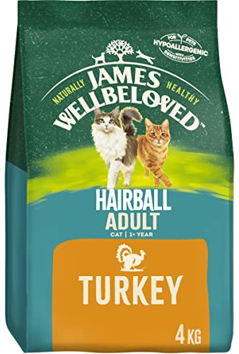 James Wellbeloved Hairball Adult Turkey 4 kg Bag, Hypoallergenic Dry Cat Food
