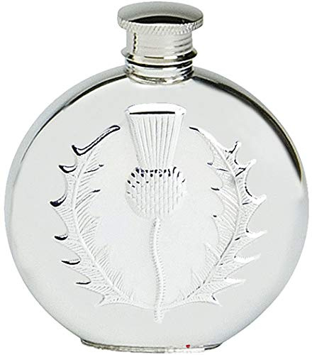 Pewter Round Flask Scottish Thistle Design Engraved 6oz Engravable Screw Top