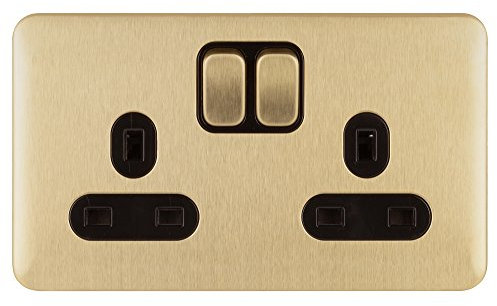Schneider Electric Lisse Screwless Deco - Switched Double Power Socket Double Pole, 13 A, GGBL3020DBSB, Satin Brass with Black Insert