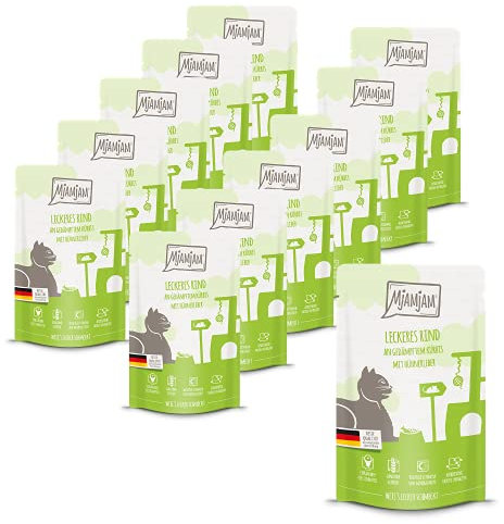 MjAMjAM - Premium Nassfutter für Katzen - Quetschie - leckeres Rind an gedämpftem Kürbis, 12er Pack (12 x 125 g), getreidefrei mit extra viel Fleisch
