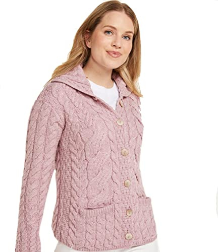 Cardigan in lana merino rosa super morbida a maglia intrecciata, rosa, XL
