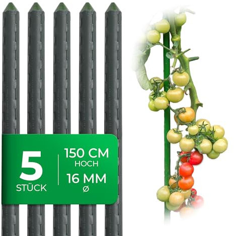 Novatool 5 Stück Pflanzstäbe 150cm grün 16mm ⌀ sehr stabil Metallrohr kunststoffummantelt Rankstäbe für Pflanzen Rankhilfe Gurken Tomatenstäbe für Kletterpflanzen Rankstab Pflanzstab 150 cm
