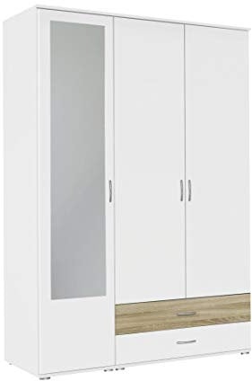 Rauch Möbel Noosa Schrank Drehtürenschrank, Weiß/Eiche Sonoma, Holz, 3-türig mit Spiegel und 2 Schubladen, inkl. Zubehörpaket Basic 1 Kleiderstange, 3 Einlegeböden BxHxT 127x188x52 cm