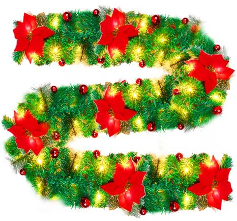 YUNYODA Guirnaldas Navideñas con Luces, 9 FT / 2,7M Guirnalda de Navidad Guirnalda de árbol de Navidad Artificial, Corona de Navidad Decoracion para Chimenea Escaleras Hogar, Guirnalda Navideña
